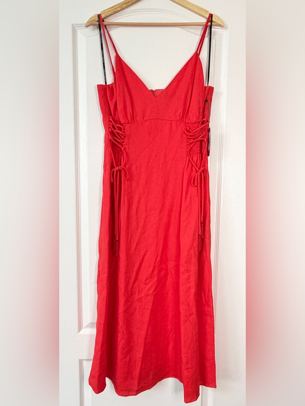 NWT Vince Camuto Linen Blend Midi Dress Womens 12 Coral Red Pop Lace Up Side